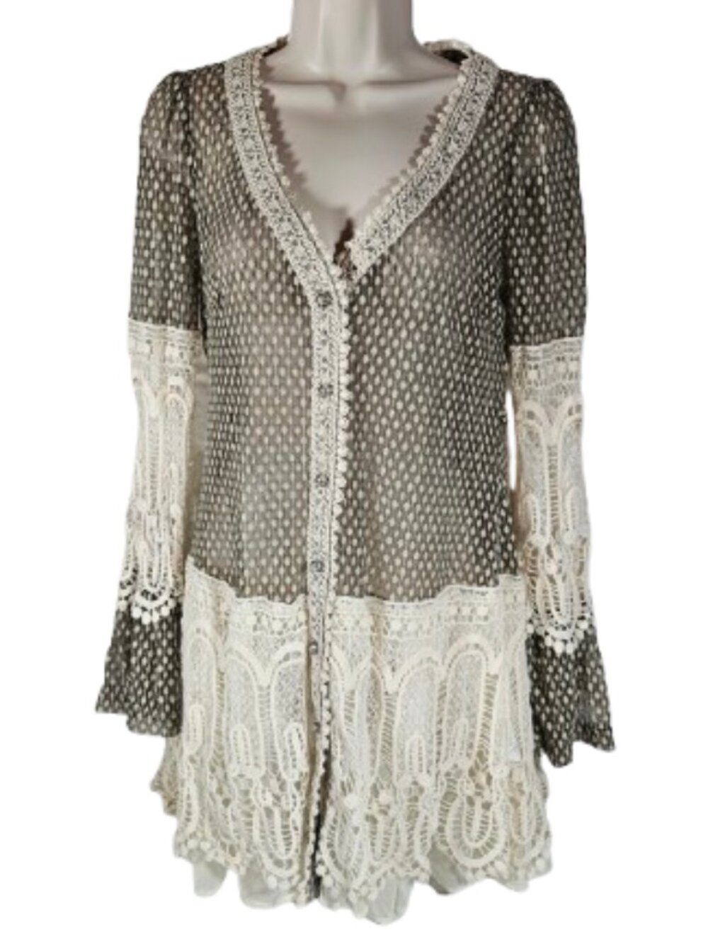 RYU Anthropologie Lace Button Up Top Tunic Jacket Women's Size Large Brown Tan